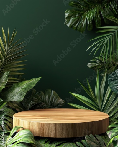Wooden podium surrounded by lush tropical foliage