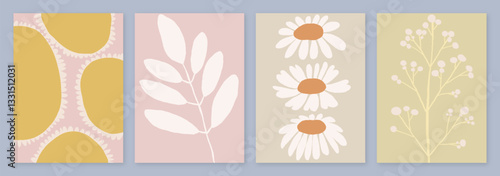 Set of Cards with Botanical Leaves and Floral Silhouettes in a Contemporary Style. Poster Art with Soft Pastel Colors. Illustrations with earthy, neutral hues ideal for home decor, stationery, prints