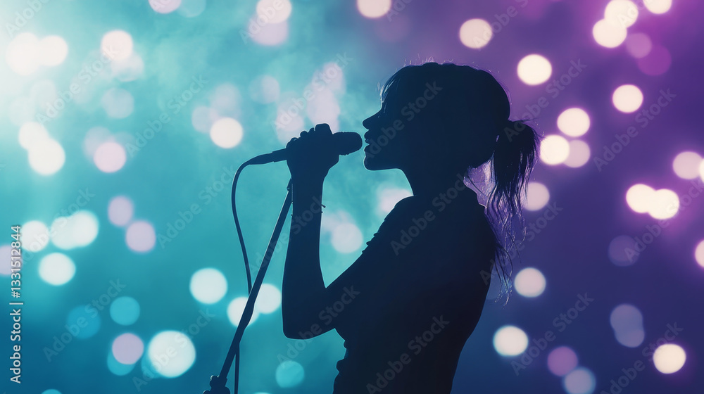 Silhouette of a Singer with Microphone and Bokeh Lights Silhouette of a Singer with Microphone and Bokeh Lights