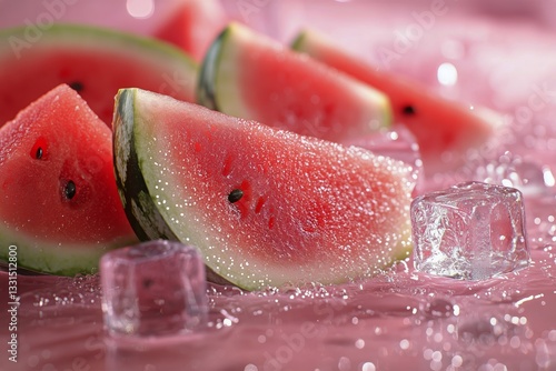 Refreshing Summertime Watermelon Slices With Ice Cubes on a Pink Background