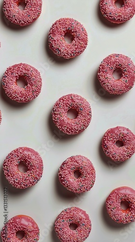 Freshly Baked Pink Frosted Donuts With Sprinkles Arranged Neatly on a Tray
