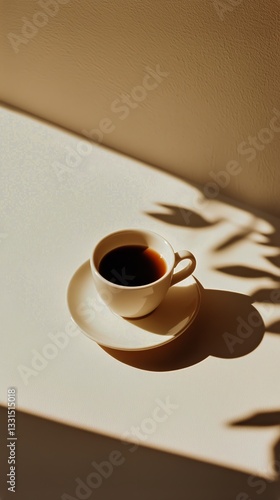 Warm Cup of Coffee Resting on a Saucer by a Sunlit Window Casting Shadows in ...
