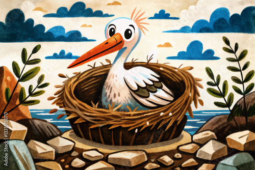 stork in the nest with stones abstract cartoon