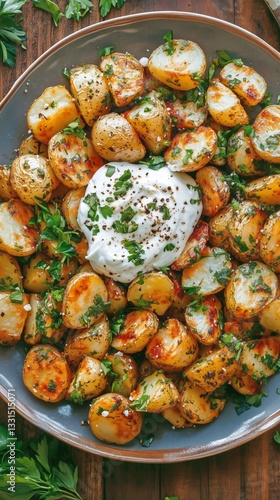 Delicious Roasted Potatoes Topped With Fresh Herbs and Creamy Sauce on a Rust...