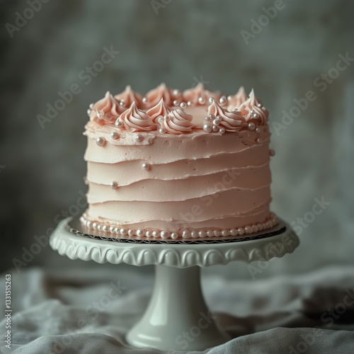 Pink Decorated Cake With Pearls Displayed on a Stand in Elegant Setting