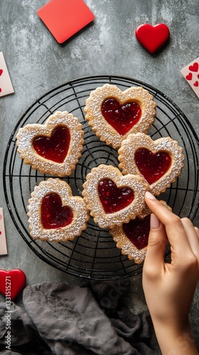 Heart Shaped Cookies With Jam Filling and Powdered Sugar Resting on a Cooling...