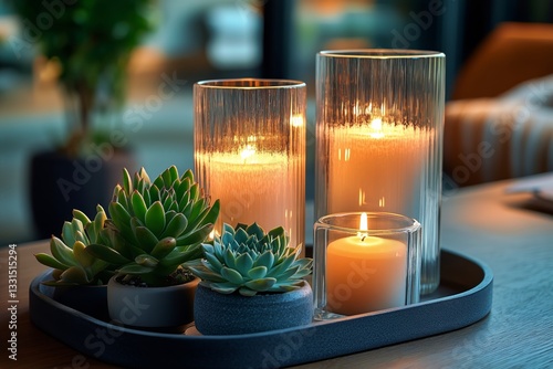 Elegant Display of Candles and Succulents in a Cozy Indoor Setting During Eve...