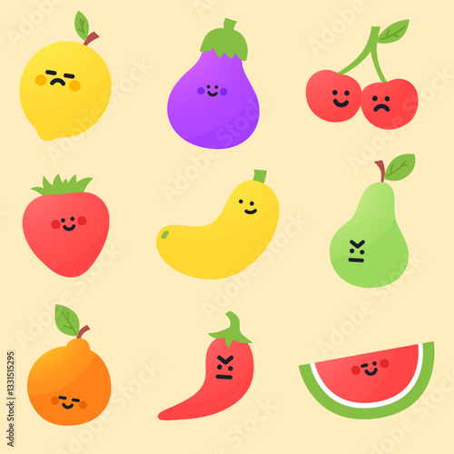 Wallpaper Mural Cute cartoon vegetables and fruits. apple, raspberry, strawberry, watermelon, peach, orange, pear, cherry and lemon. Cartoon fruit character set. Torontodigital.ca