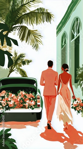 Couple Stands Together by Vintage Car Adorned With Flowers in a Tropical Sett...