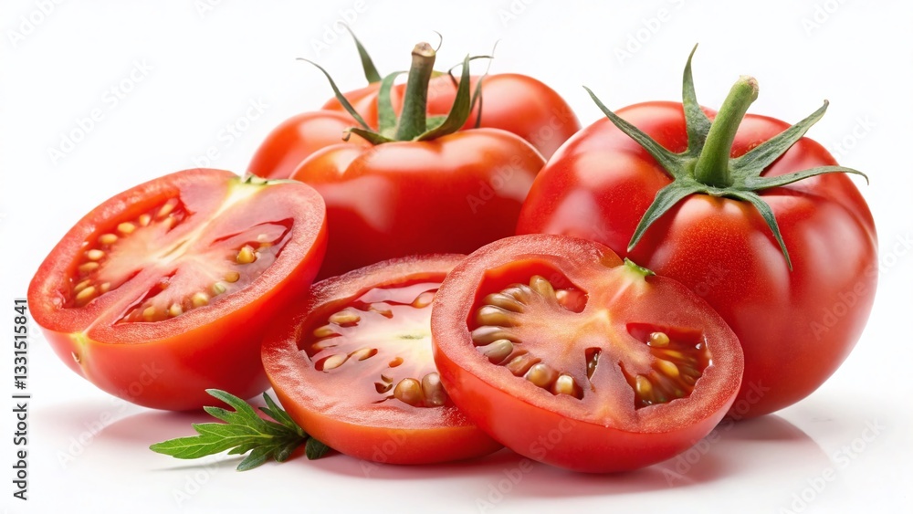 Juicy Red Tomato Slices & Wedges Isolated on White Background - Fresh Produce Stock Photo Juicy Red Tomato Slices & Wedges Isolated on White Background - Fresh Produce Stock Photo