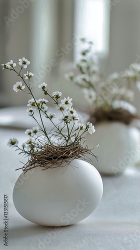 Elegant Arrangement of White Flowers in Minimalist Vases on a Table in a Brig...