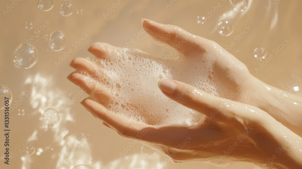 Fototapeta premium Hands Covered in Soapy Bubbles with Floating Foam