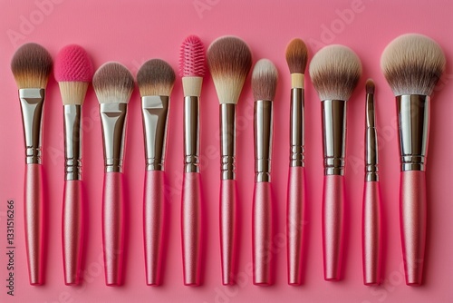 Collection of Makeup Brushes and Tools Arranged on Pink Blueprint Background ...