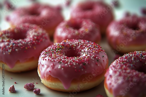Delicious Pink Frosted Donuts Topped With Colorful Sprinkles on a Light Surface