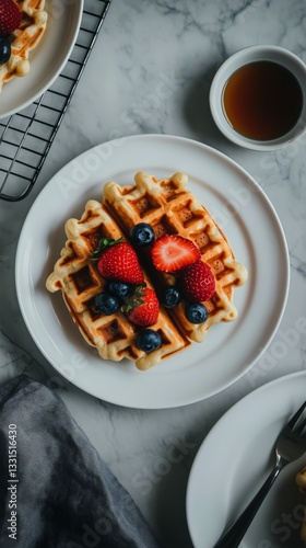 Delicious Waffles Topped With Fresh Berries and Maple Syrup on a Marble Table