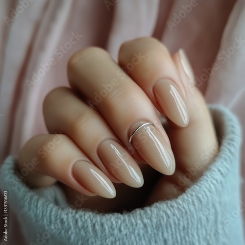 Elegant Nude Almond-Shaped Nails Showcased in Cozy Sweater Setting