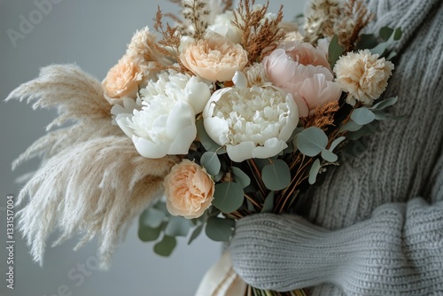 Beautiful Floral Bouquet Featuring Peonies and Greenery Against a Soft Backdrop
