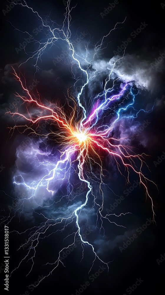 Obraz premium Electrifying storm event glowing violet and red plasma lightning crackling in a dark sky at night