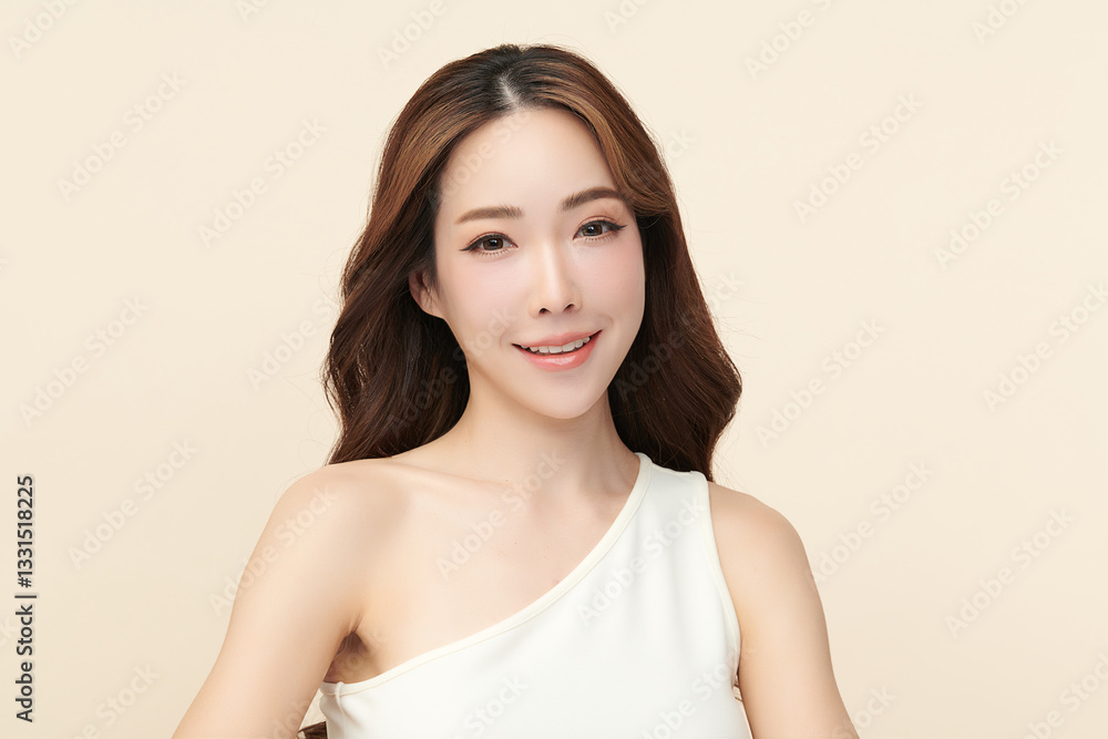 A beautiful young Asian woman with clean, fresh skin against a beige background. She represents beauty, skincare, and spa treatments. A beautiful young Asian woman with clean, fresh skin against a beige background. She represents beauty, skincare, and spa treatments.
