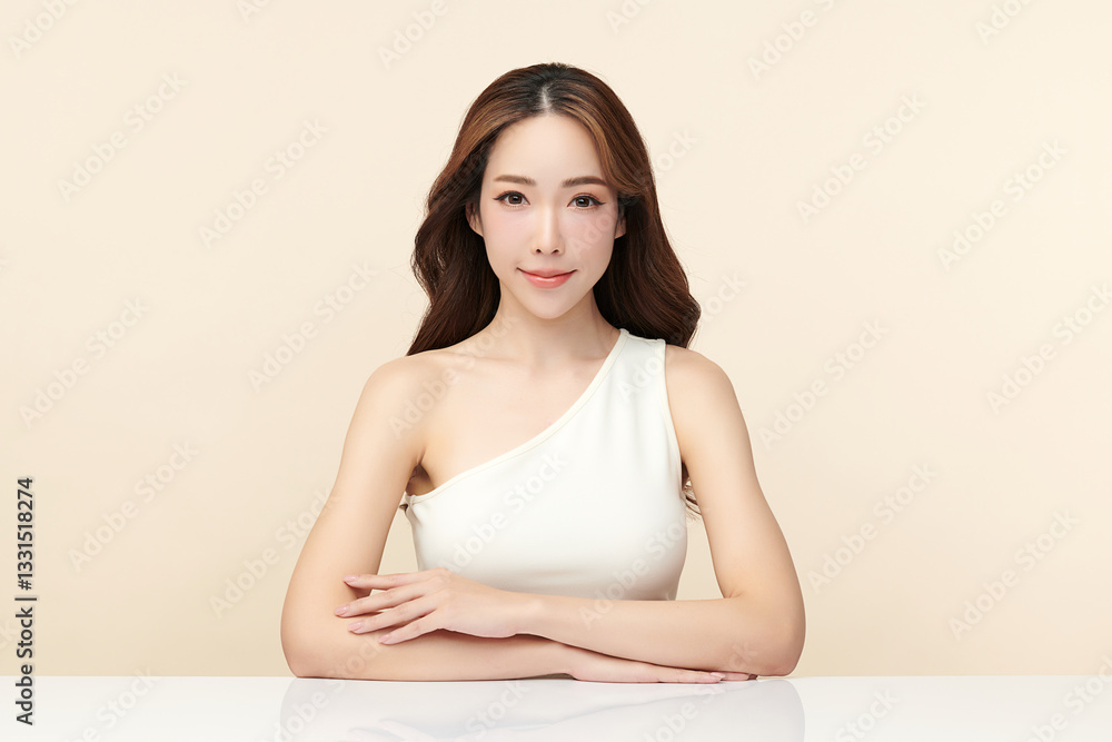 A beautiful young Asian woman with clean, fresh skin against a beige background. She represents beauty, skincare, and spa treatments. A beautiful young Asian woman with clean, fresh skin against a beige background. She represents beauty, skincare, and spa treatments.