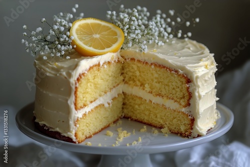 Delightful Lemon Cake With Buttercream Frosting and Fresh Flowers for a Sweet...