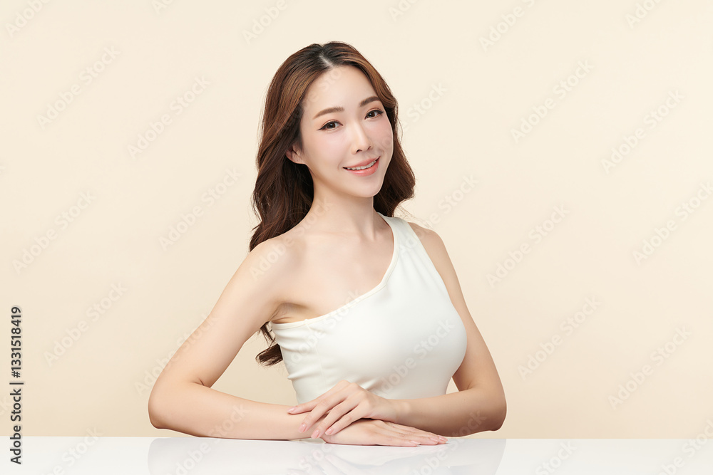 A beautiful young Asian woman with clean, fresh skin against a beige background. She represents beauty, skincare, and spa treatments. A beautiful young Asian woman with clean, fresh skin against a beige background. She represents beauty, skincare, and spa treatments.
