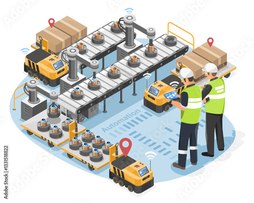 Isometric Smart Factory Automation with Engineers Monitoring AGV Robots and Conveyor System Isolated for Industry 4.0