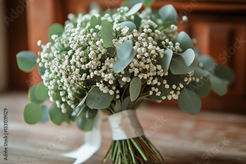 Wedding Bouquet With White Roses and Greenery Arranged on a Textured Surface ...