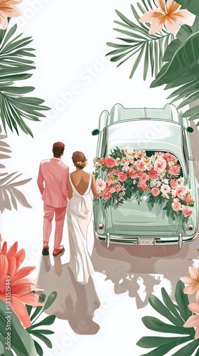 Couple Stands Together by Vintage Car Adorned With Flowers in a Tropical Sett...