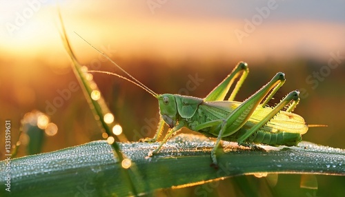 Wallpaper Mural Macro photo of a green grasshopper on dew-covered grass, with the soft, golden light of sunrise highlighting its delicate details.

 Torontodigital.ca