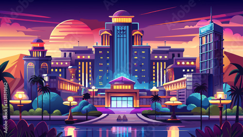 Evening Illumination, a Grand Luxury hotel Complex Amidst an Urban Sprawl in the City