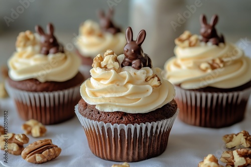 Chocolate Cupcakes Topped With Cream and Bunny Decorations for Easter Celebra...