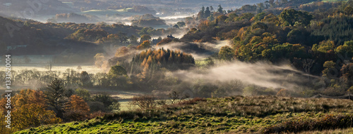 Misty autumn morning in the Fleet Valley National Scenic Area, near Gatehouse of Fleet, Dumfries & Galloway, Scotland
