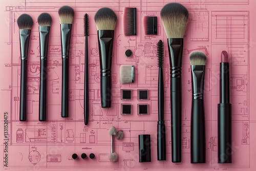 Collection of Makeup Brushes and Tools Arranged on Pink Blueprint Background ...