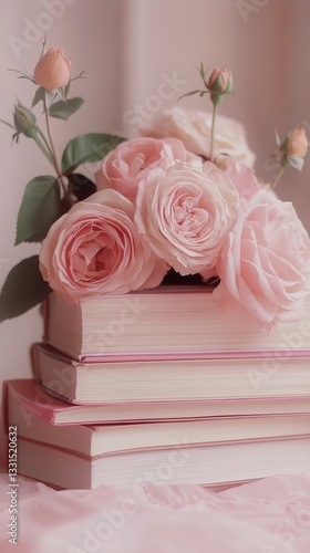 Roses Blooming Over Stacked Books in a Cozy Indoor Setting Filled With Natura...