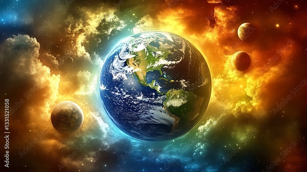 Fototapeta premium A beautiful planet surrounded by celestial bodies in space