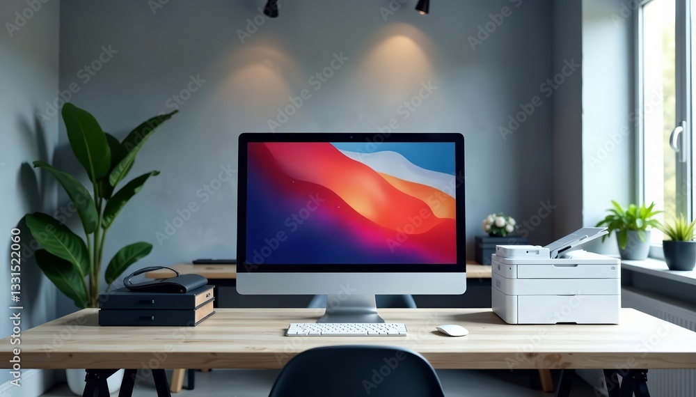 Fototapeta premium Modern gray office interior with computer on desk, modern, desk