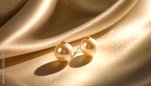 A close-up of two pearl earrings against a silky gold fabric.