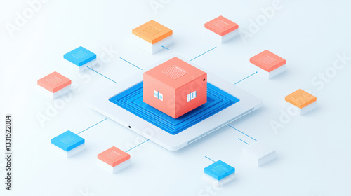 Data Protection Regulation and Secure Backup, digital network with central cube and connected nodes