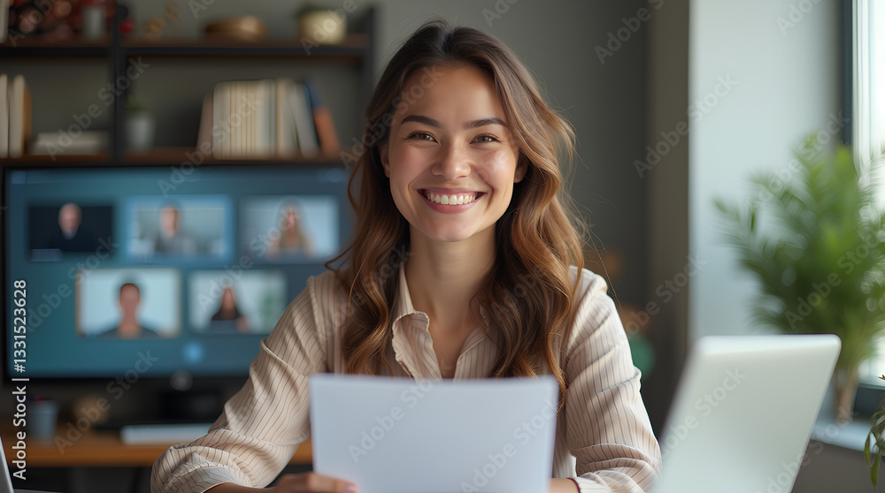 Video conference, computer and business woman with smile, notes and creative training on screen in startup. Webinar, online call and copywriter with notebook, group and virtual chat or news meeting Video conference, computer and business woman with smile, notes and creative training on screen in startup. Webinar, online call and copywriter with notebook, group and virtual chat or news meeting