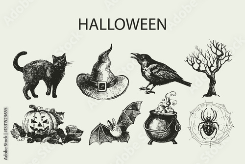 Halloween background. A typographic poster. Hand-drawn sketch set vector illustration