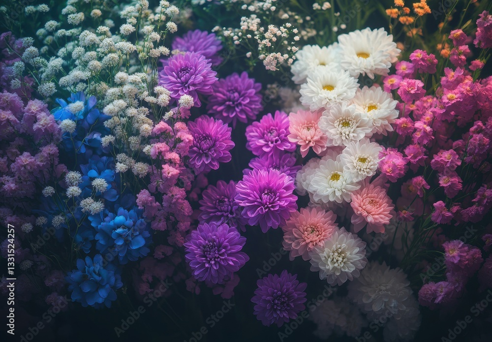 Fototapeta premium Vibrant Variety of Colorful Flowers in Full Bloom with Soft Focus and Dewdrops on Petals Capturing Nature's Beauty and Serenity