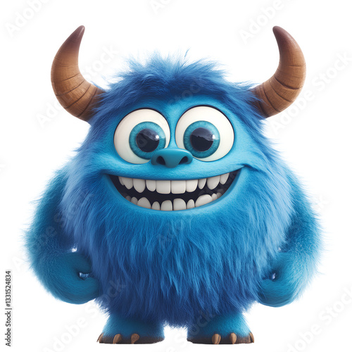 A cute blue monster with horns, fluffy hair, and big eyes smiling isolated on transparent background