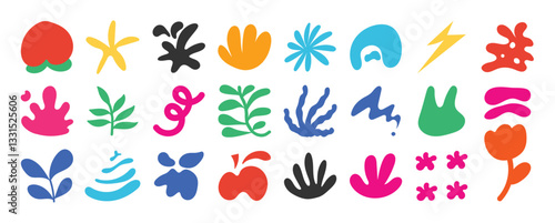 Set of abstract organic shapes vector. Collection of contemporary figure, cloud, flower, sparkle, geometric shape in funky groovy. Cute hippie design element perfect for banner, print, stickers.