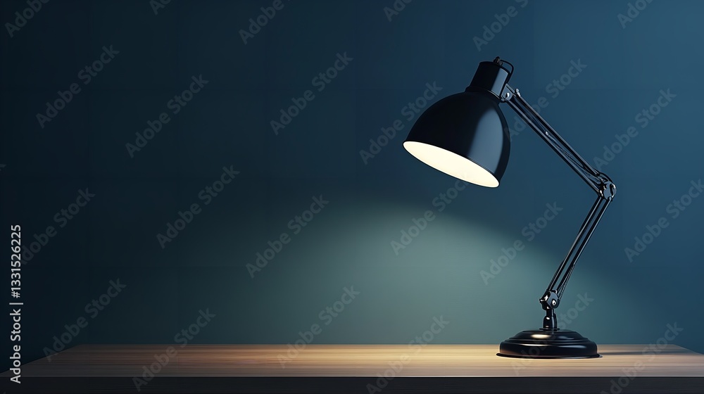 Elegant desk lamp emitting soft glow on wooden table against teal wall with ample empty space for copy or text display. Elegant desk lamp emitting soft glow on wooden table against teal wall with ample empty space for copy or text display.