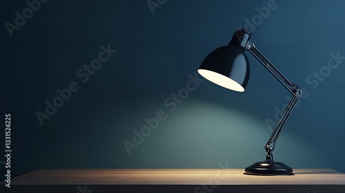 Elegant desk lamp emitting soft glow on wooden table against teal wall with ample empty space for copy or text display.