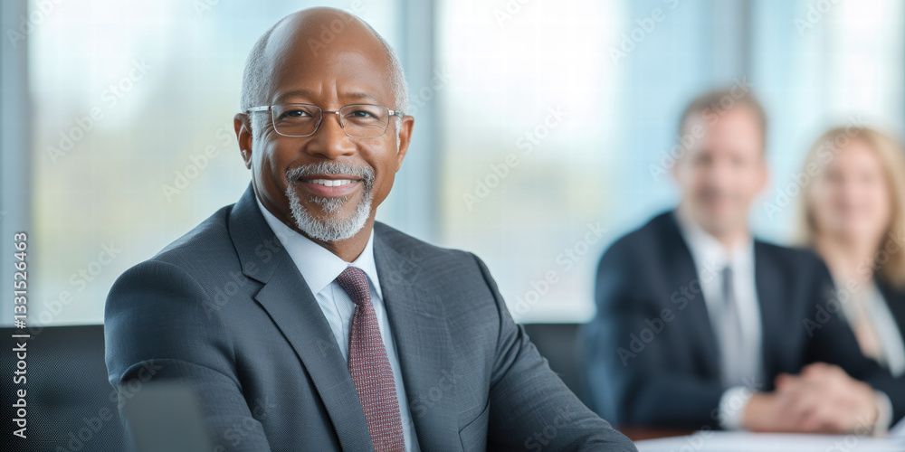 Engaged senior executive smiling during leadership meeting Engaged senior executive smiling during leadership meeting