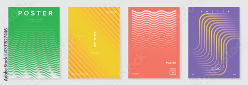 Abstract line sport poster background vector set. Minimalist cover template with vibrant perspective line wave in motion. Ideal design for social media, cover, banner, flyer, ads.