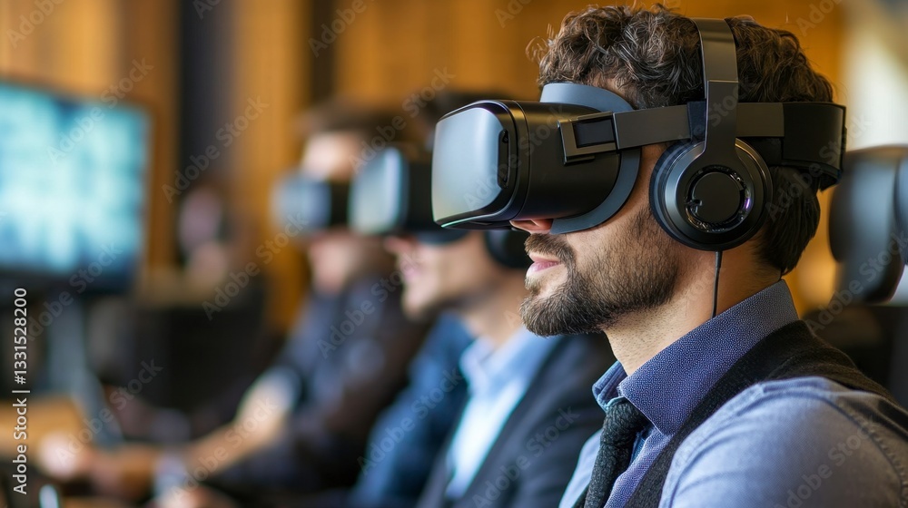 Three men wearing virtual reality headsets in a modern office setting. Focus on a man in the foreground wearing a blue shirt and dark headphones. Three men wearing virtual reality headsets in a modern office setting. Focus on a man in the foreground wearing a blue shirt and dark headphones.