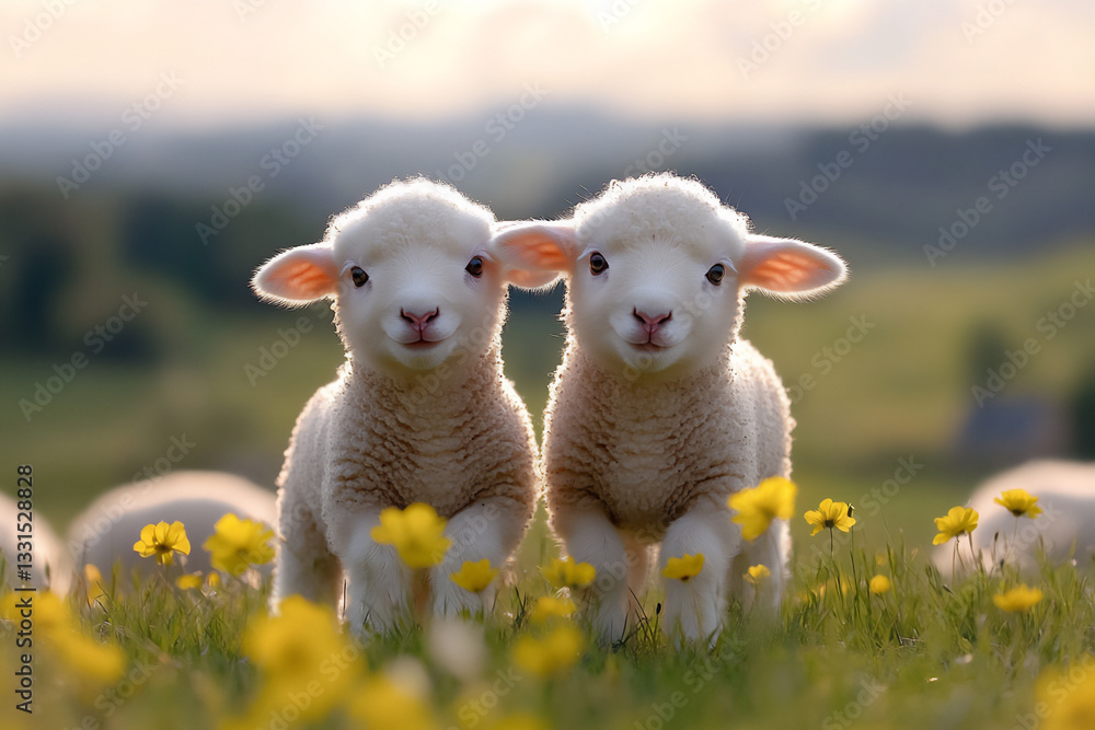 Fototapeta premium two baby lambs playing in the green field,